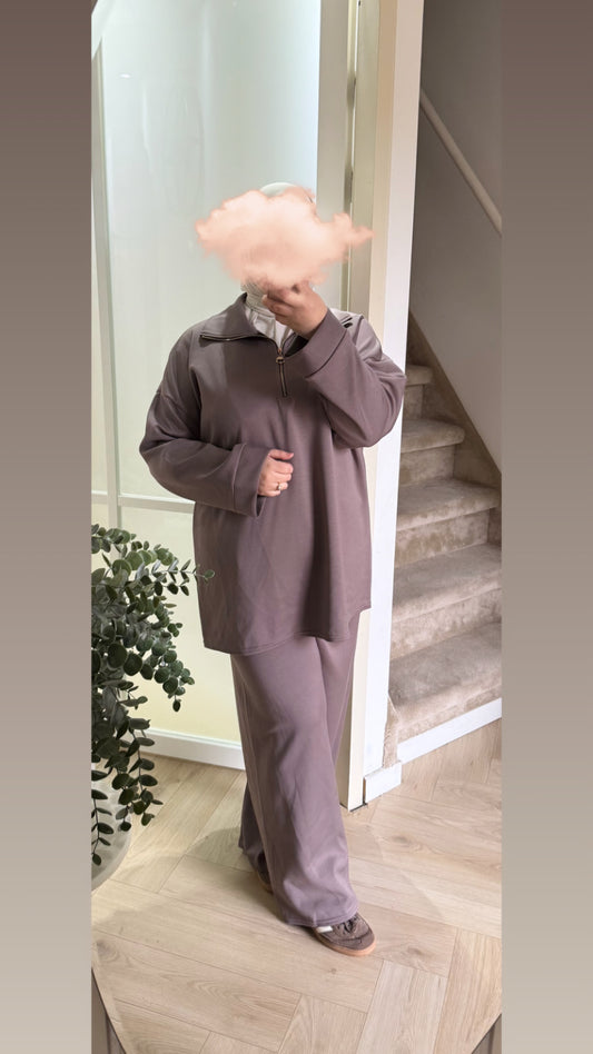 Basic twinset met rist - taupe